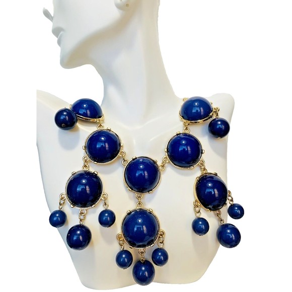Navy Blue Cabochon Chandelier Statement Necklace 22” Bubbles Runway Gold Tone - Picture 3 of 16